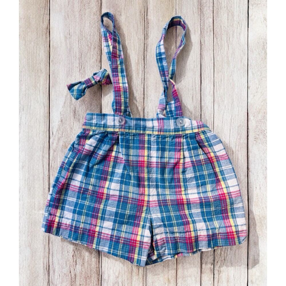 Vtg 80's Boys Plaid Overalls Shorts with Suspenders & Bow Tie Easter 24mo